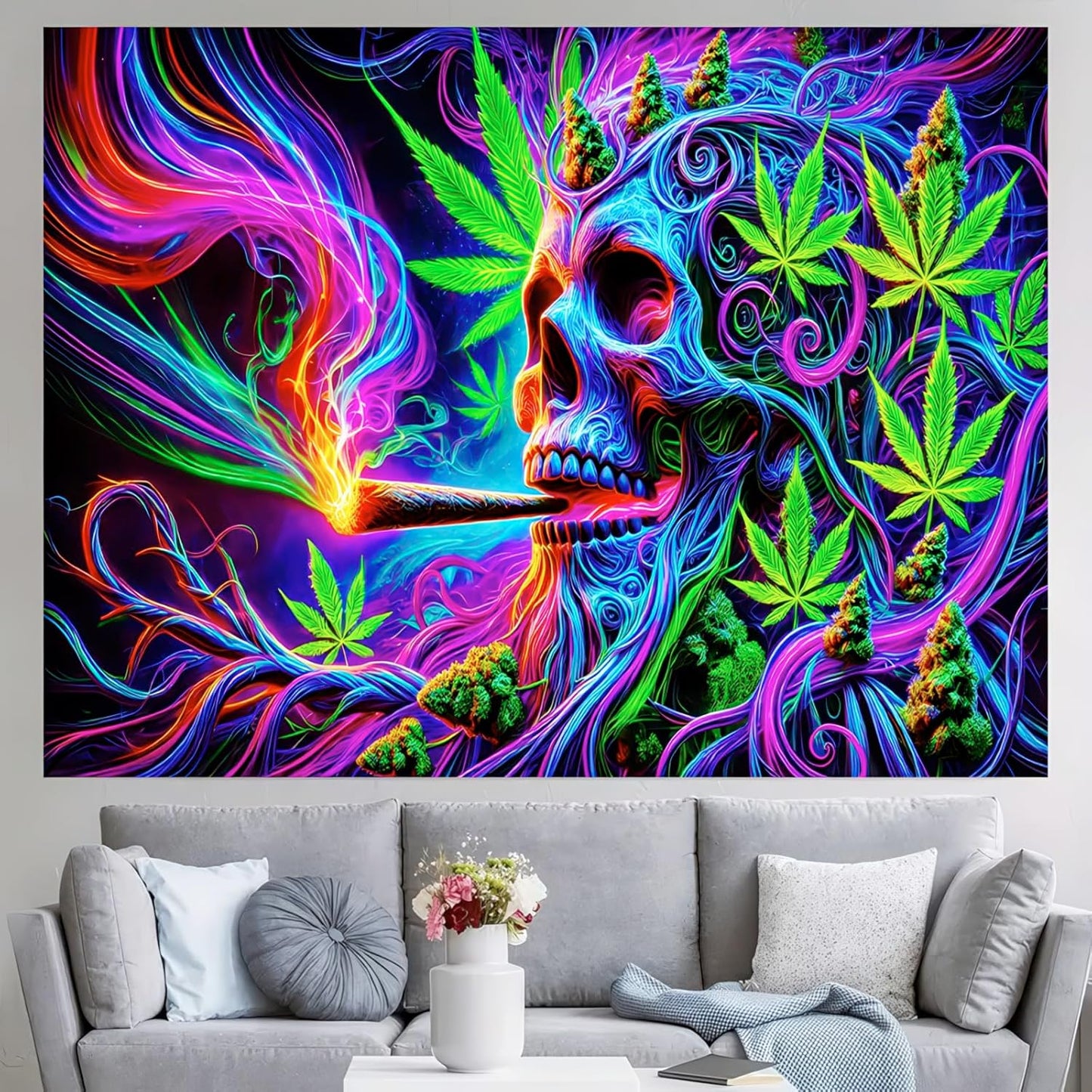 BlissYard Blacklight Cool Trippy Weed Marijuana Leaves Tapestry UV Reactive Skeleton Tapestry Smoking Skull Black Light Wall Tapestry Neon Psychedelic Tie Dye Stoner Poster Tapestry 59X78 IN