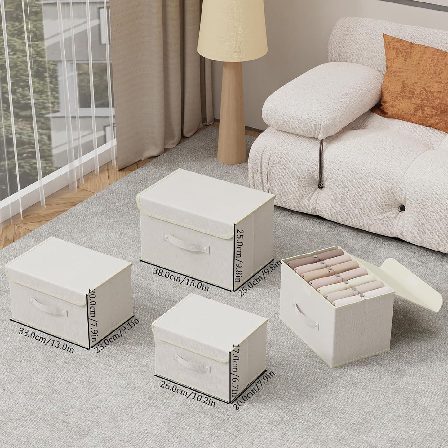 Fabric Storage Bins Cube Organizers with Flip-Top Lid and Handles,Storage Boxes for Organizing Home,Office,and Closet,Beige,3 Pack 10.2 X 7.9 X 6.7 in