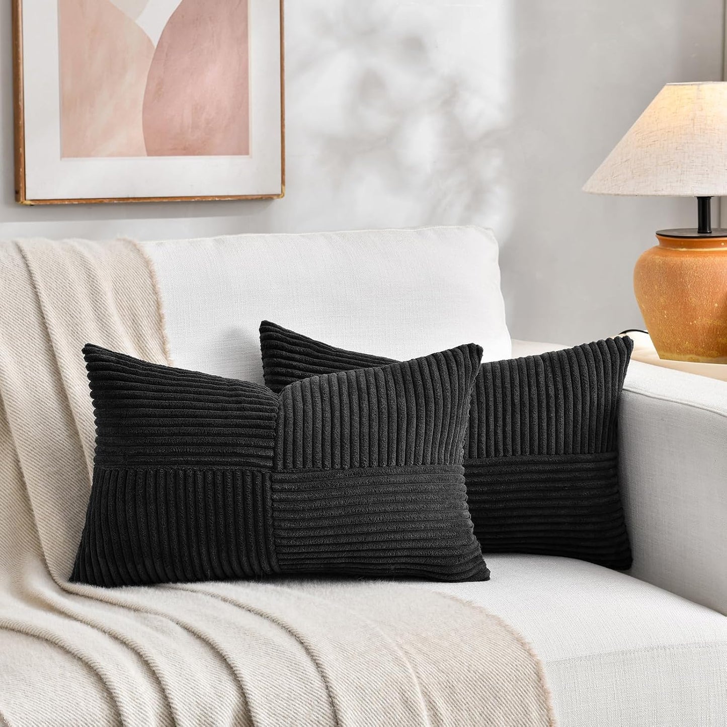 Fancy Homi 2 Packs Black Lumbar Decorative Throw Pillow Covers 14x24 Inch for Couch Bed Sofa, Rustic Farmhouse Boho Home Decor, Soft Striped Corduroy Rectangle Accent Cushion Case 35x60 cm