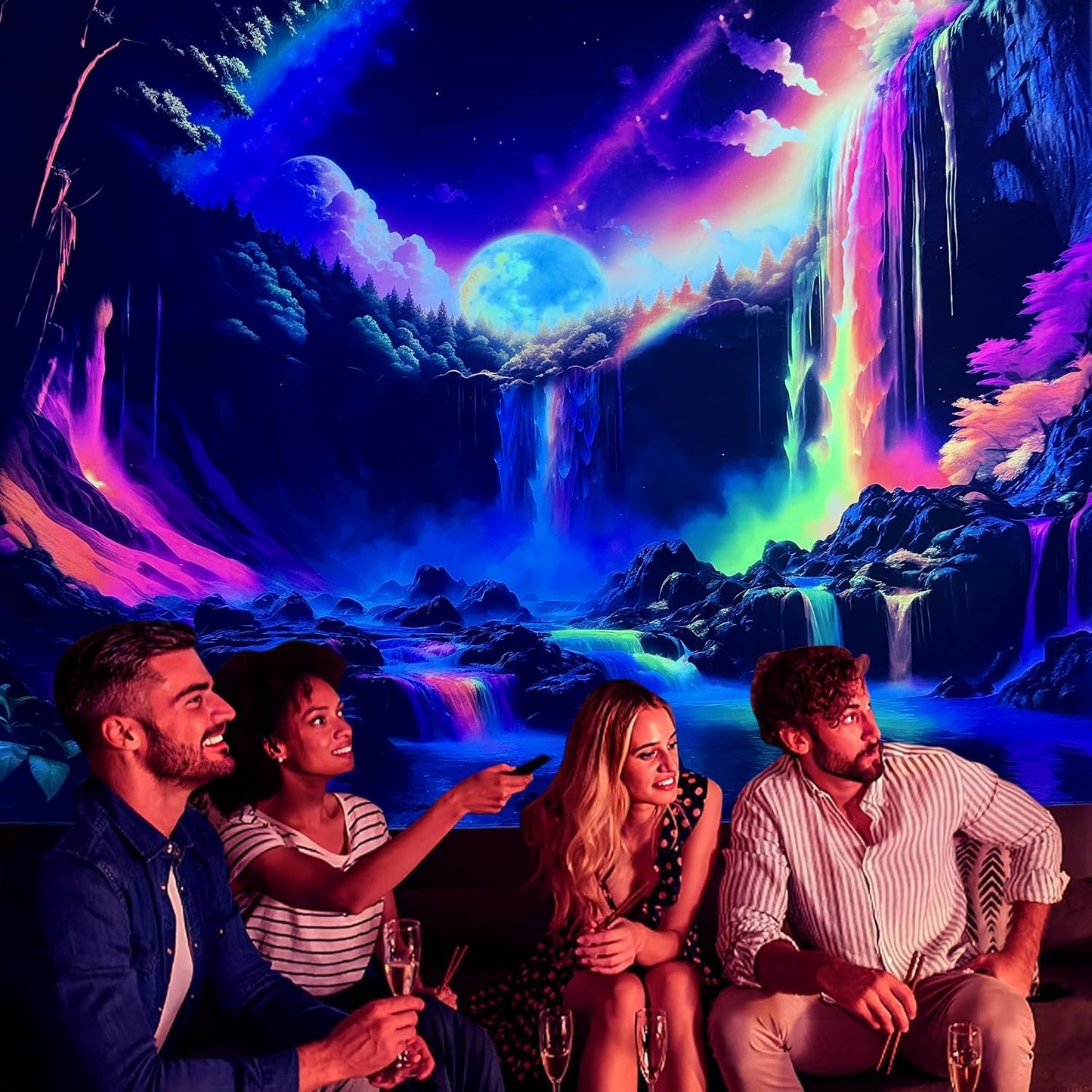 OSVINO Blacklight Rainbow Waterfall Tapestry 79"x59" UV Reactive Trippy Wall Hanging Rainbow Aesthetic Waterfall Wall Posters Bedroom Spiritual Room Decor