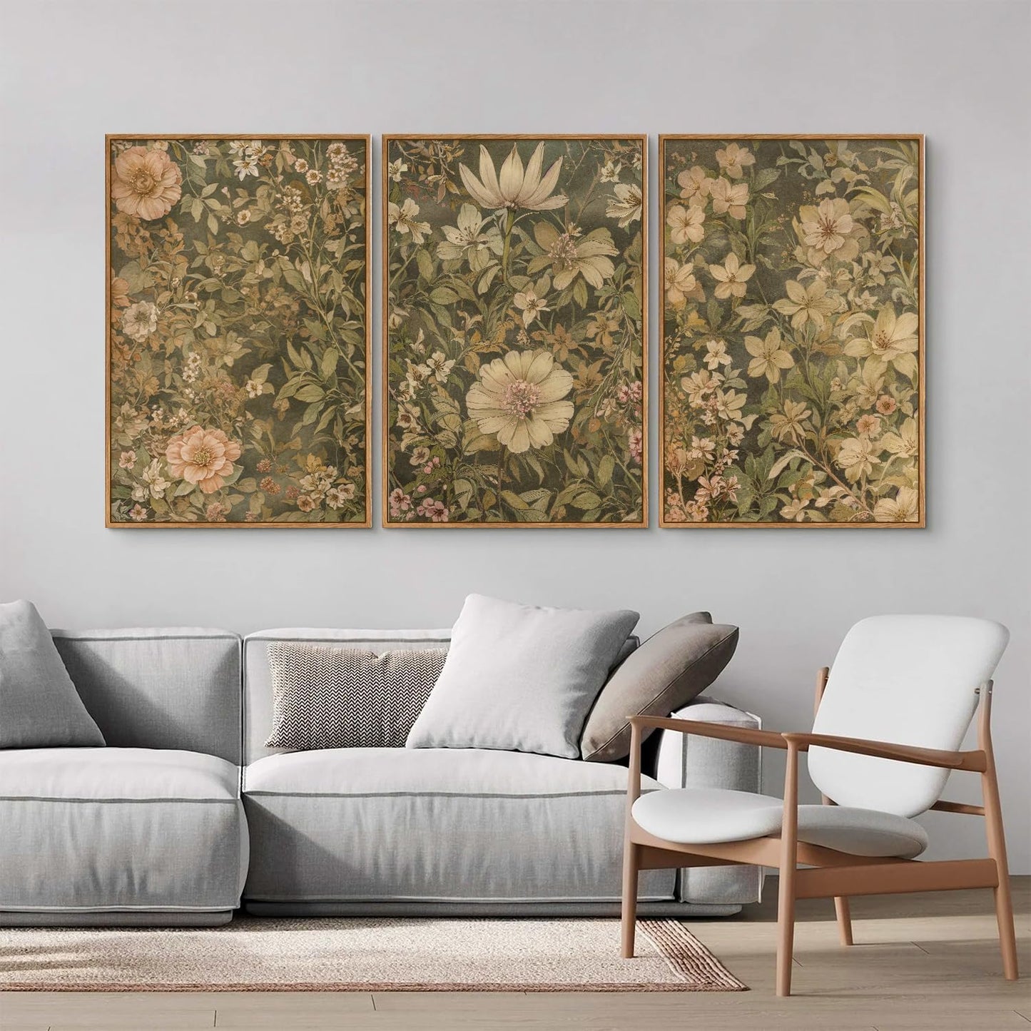 SIGNINART Vintage Floral Framed Canvas Wall Art Set of 3, Mid Century Modern Flowers Wall Decor, Neutral Botanical Artwork, Retro Wildflower Art Prints for Bedroom, Living Room, Office 24"x36"x3