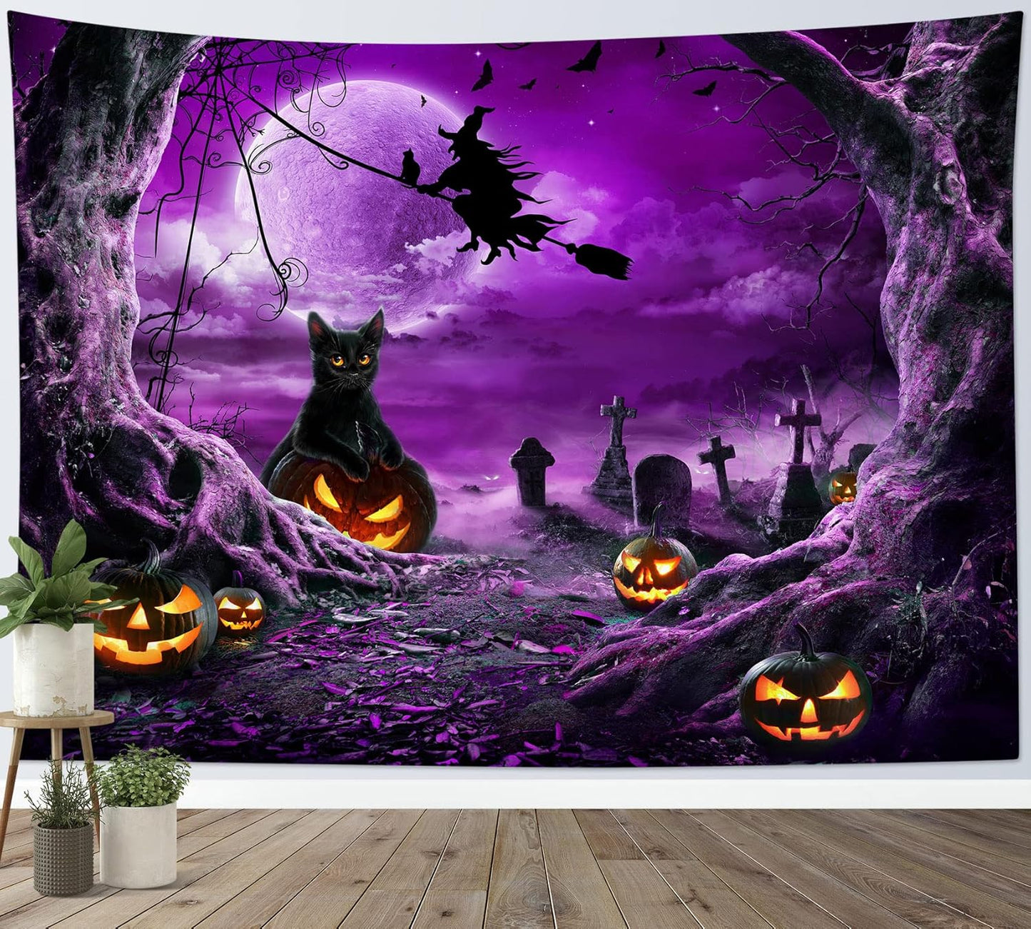 LB Halloween Wall Art: Horror Witch Cat & Dead Tree Pumpkin Lights with Spooky Graveyard Purple Full Moon Wall Tapestry for Bedroom & Living Room, 59x51 Inches