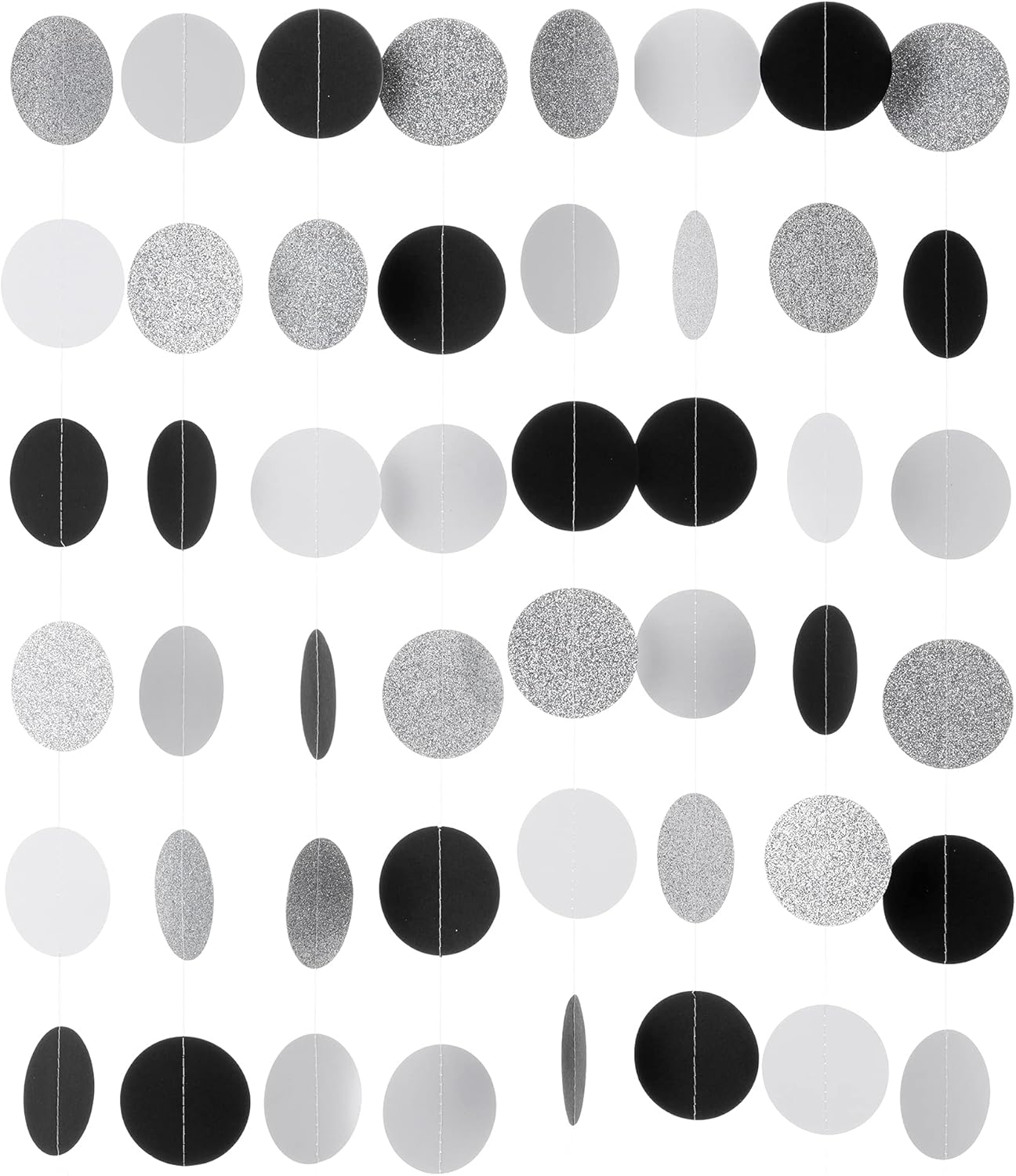 Black White Silver Glitter Paper Garland Circle Dot Streamer Banner for Graduation Bridal Shower Wedding Birthday Party Decorations, 2.5" in Diameter, 20 Feet in Total
