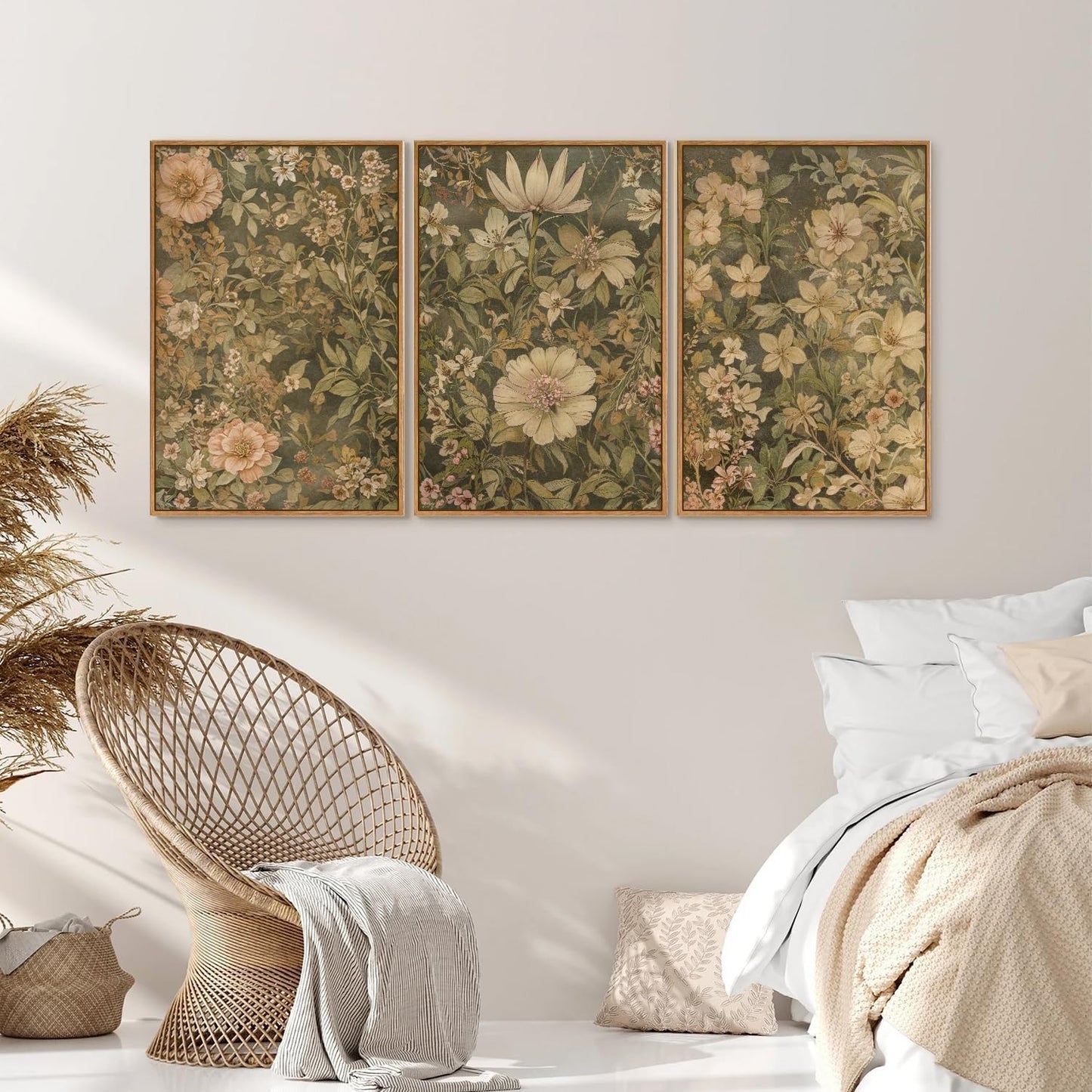 SIGNINART Vintage Floral Framed Canvas Wall Art Set of 3, Mid Century Modern Flowers Wall Decor, Neutral Botanical Artwork, Retro Wildflower Art Prints for Bedroom, Living Room, Office 24"x36"x3