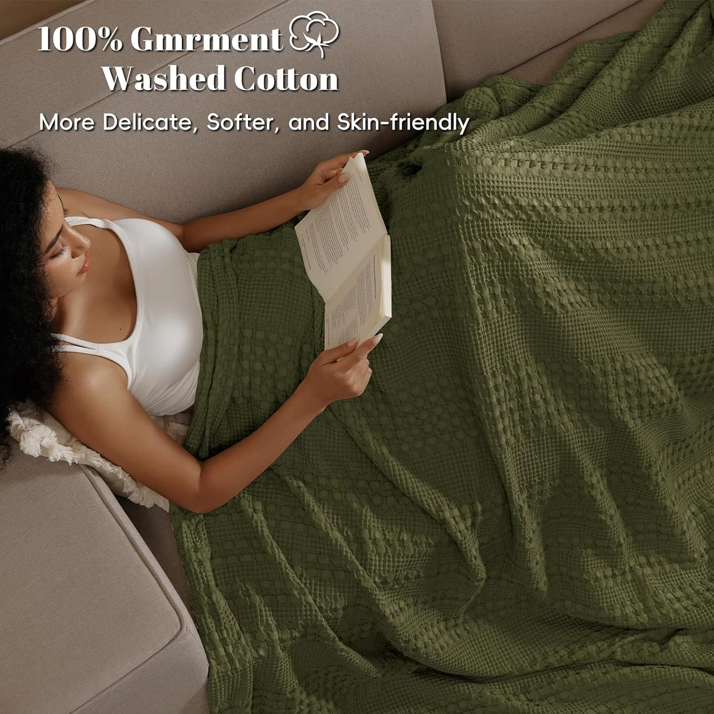 PHF 100% Cotton Waffle Weave Blanket Queen Size, Soft Lightweight Breathable Cozy Summer Blankets for Bed, Luxury Aesthetic Woven Bedding for Home Decor, 90"x90", Capulet Olive