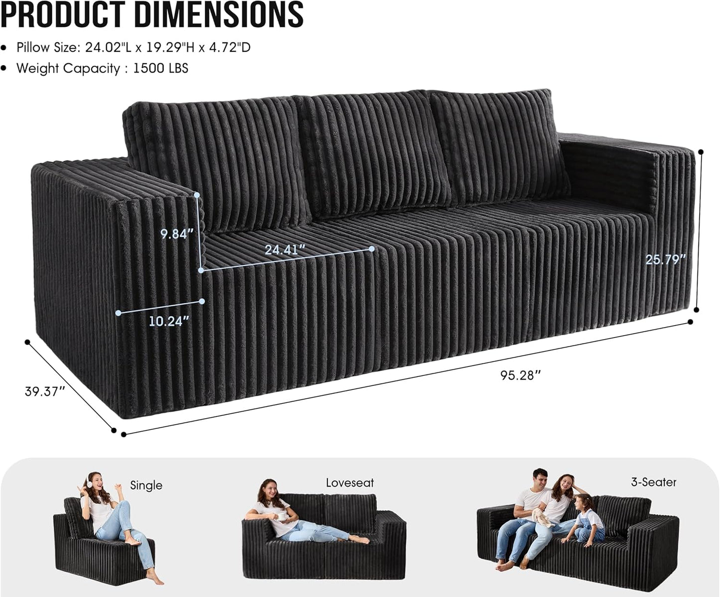 Modular Sectional Sofa 3-Seater Modular Couch with Deep Seat Memory Foam Cloud Chair with Pillows Oversized Sectional Sofa for Living Room Bedroom (Strip Grey, 3-Seater)