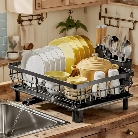 MOUKABAL Dish Drying Rack, Dish Rack, Stainless Steel Dish Racks for Kitchen Counter, Dish Drainer with Removable Utensil Holder, Drainboard (Black)