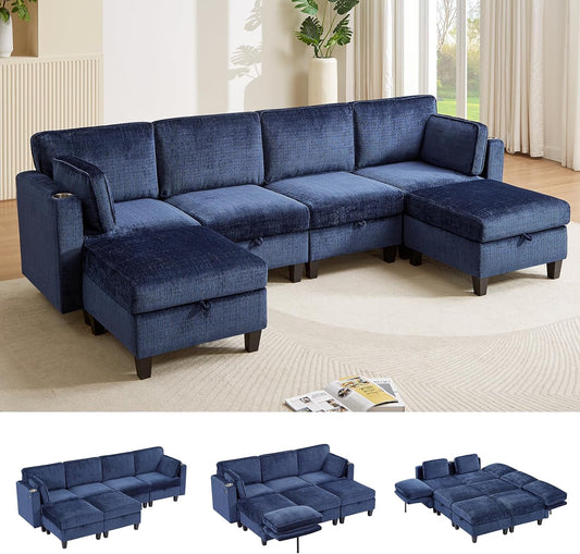 110" Modular Sectional Sofa, Convertible Sleeper Sofa Couch Bed with Adjustable Backrest, U-Shaped Chenille Cloud Couch with Ottoman Storage, Deep Seat Couches for Living Room,Blue