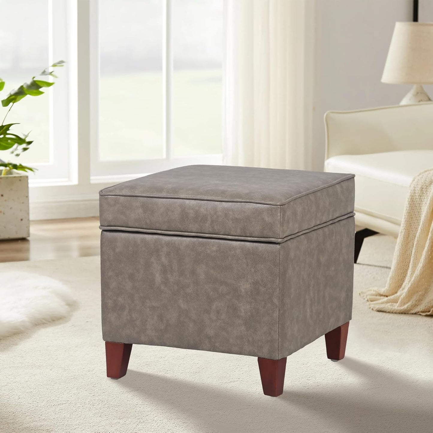 Adeco 17.5" Square Faux Leather Ottoman with Storage - Upholstered PU Foot Rest - Flip Top Footstool with Sturdy Wood Legs, Small Cube Coffee Table Extra Seat for Living Room, Bedroom, Coffee Brown