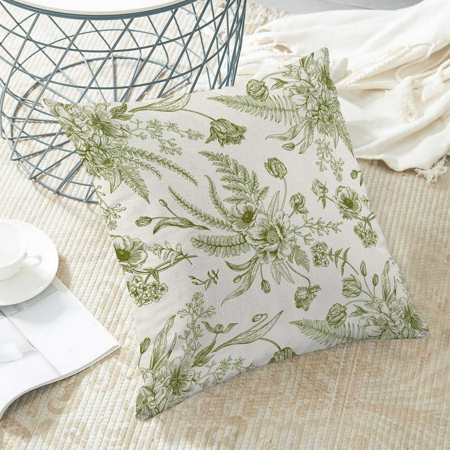 CXMEIFLY Sage Green Spring Pillow Covers 24 x 24 Inch Set of 2 for Chinoiserie Flowers Decor Throw Pillows Floral Leaves Seasonal Plant Outdoor Decorative Cushion Cases for Couch Bed Decorations