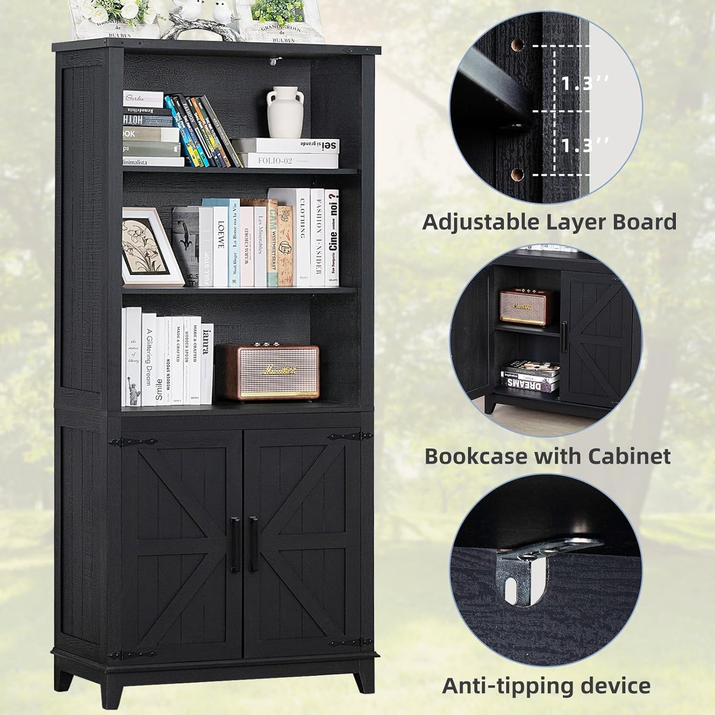 70in Tall Bookshelf 5 Tier Bookcase with Barn Doors and Adjustable Shelves, Black Farmhouse Book Shelf with Storage Cabinet, Wood Freestanding Display Bookshelves for Bedroom, Kitchen (2PCS)