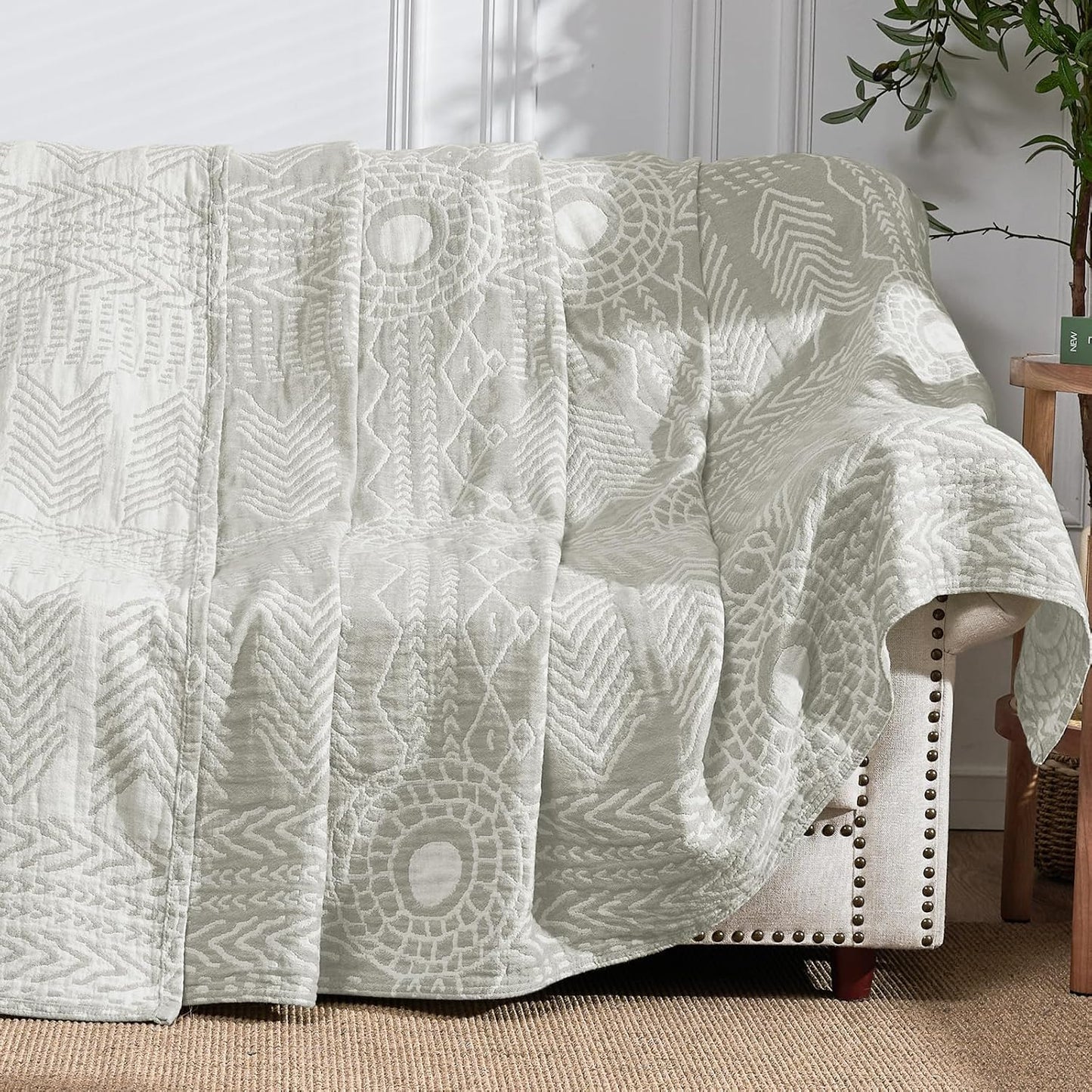 JINCHAN Boho 100% Cotton Muslin Blanket 3-Layer Twin Size Geometric Lightweight Reversible Soft Cozy Throw for Couch Sofa Bed All Season Coverlet Gift Bedroom Living Room Decor Light Grey 60x80 Inches