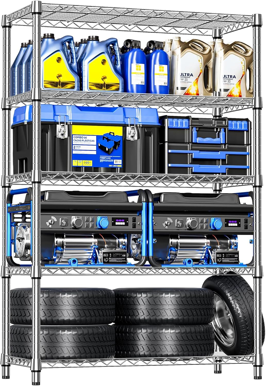 IZEUK 4 Tiers Garage Shelving Wide Storage Shelves Metal Shelves Heavy Duty Adjustable Utility Shelf Rack (Chrome, 17.7" D x 47.2" W x 59.1" H)