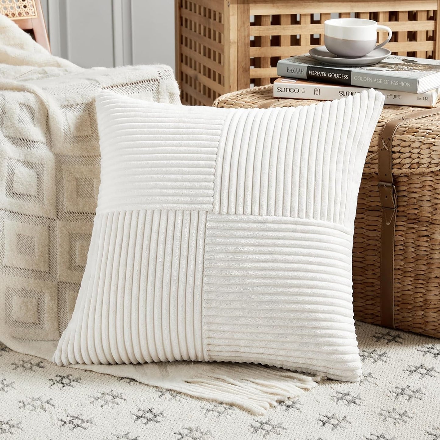 Fancy Homi 2 Packs Cream White Decorative Throw Pillow Covers 16x16 Inch for Living Room Couch Bed Sofa, Rustic Farmhouse Boho Home Decor, Soft Corss Patchwork Corduroy Textured Cushion Case 40x40 cm