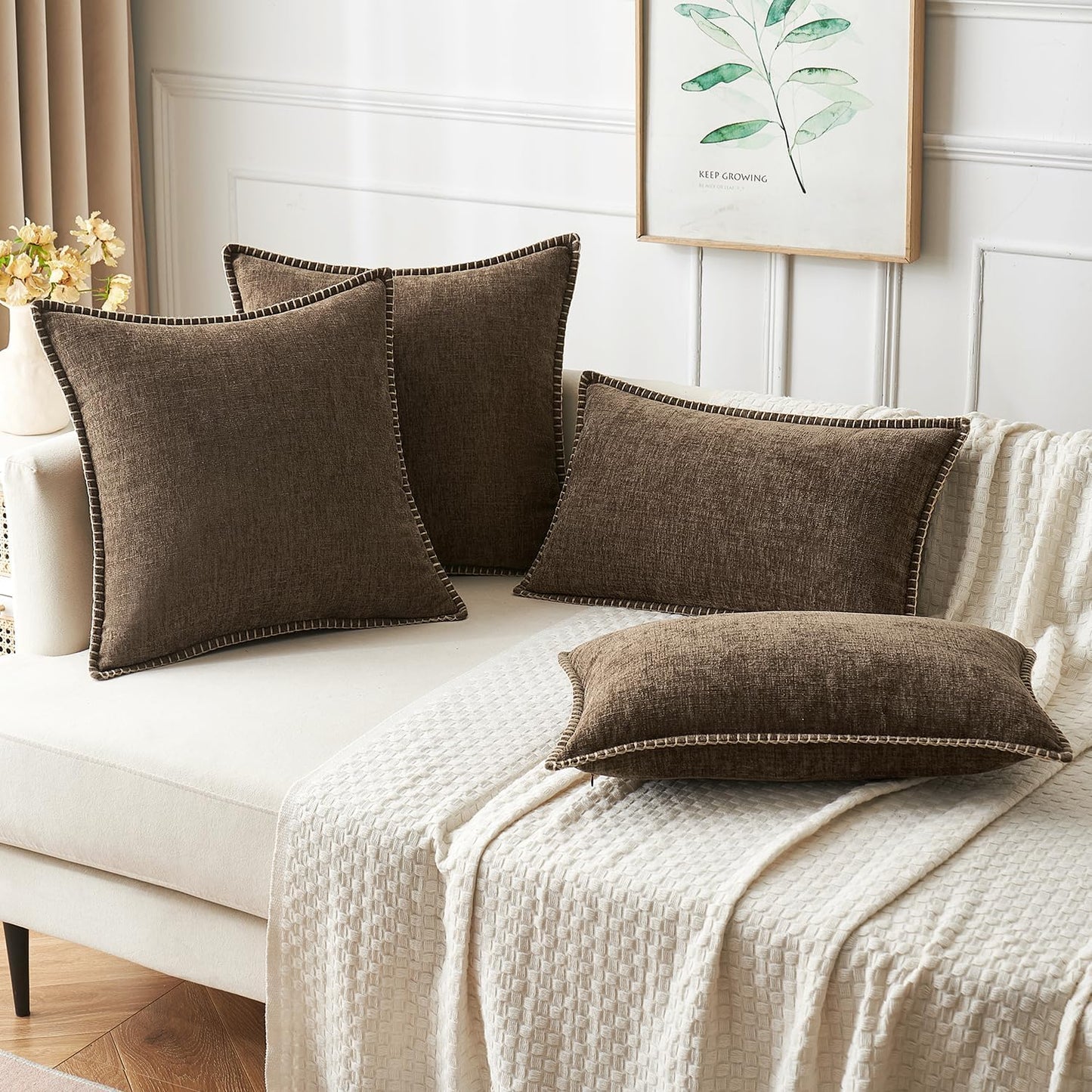 MIULEE Pack of 2 Couch Throw Pillow Covers 16x16 Inch Brown Farmhouse Decorative Pillow Covers with Stitched Edge Soft Chenille Solid Dyed Spring Pillow Covers for Sofa Bed Living Room