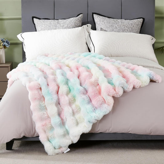 DREAMNINE Decorative Colorful Soft Thick Faux Fur Throw Blanket for Kids Girl Women 50" x 60",Luxury Rainbow Tie-dey Fleece Fuzzy Blankets,Warm Cozy Plush Furry Blankets for Winter,Cute Lovely Blanket