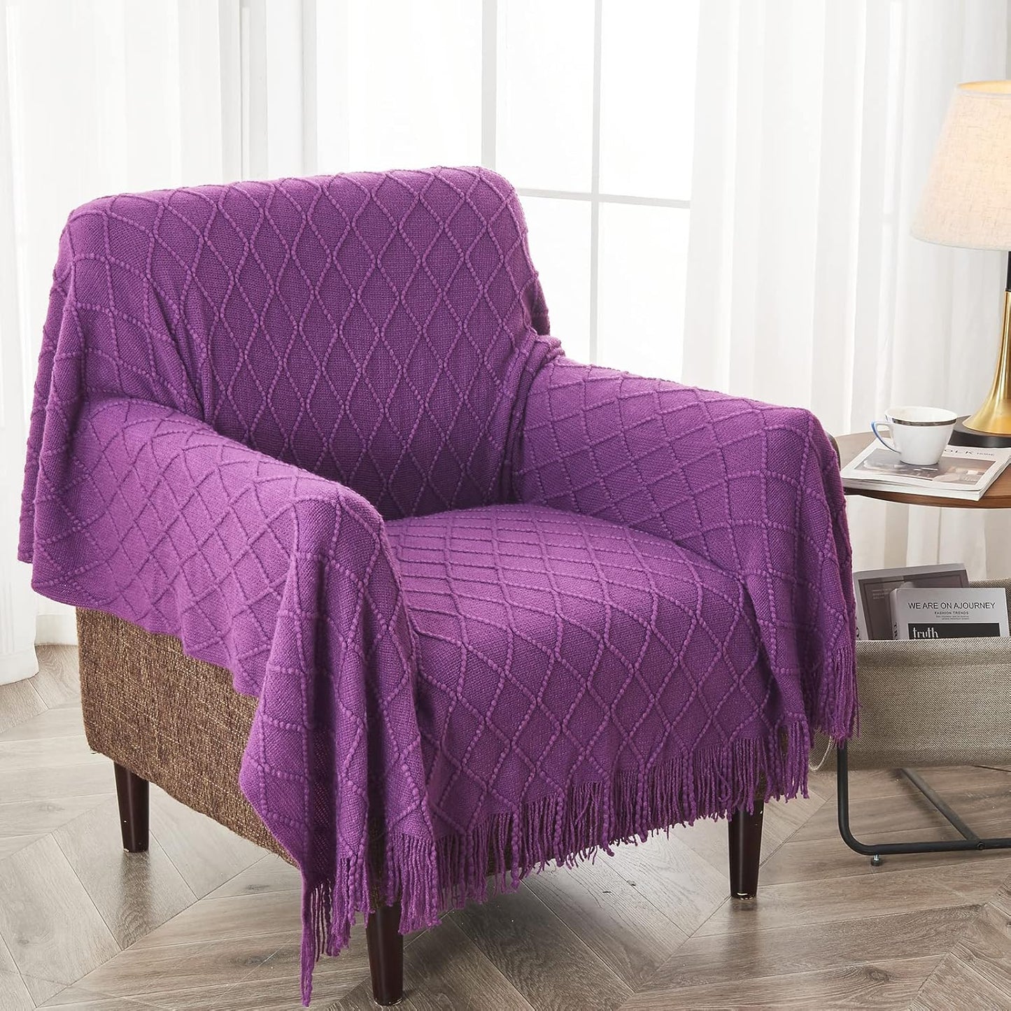 inhand Valentine's Day Gifts Throw Blanket Purple for Couch, Soft Living Room Home Decor Knitted Blanket, Outdoor Lightweight Breathable Summer Blanket, Farmhouse Warm Woven Decorative,50"x60"