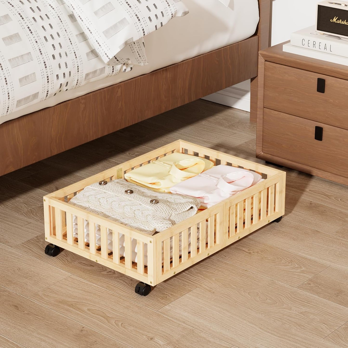 Bamboo Under Bed Storage with Wheels (2-Pack) – Rolling Underbed Shoe Organizer Box for Shoes, Blankets, Toys, Clothes Container Space-Saving Organizer Bins for Bedroom, Closet, Dorm, Nursery