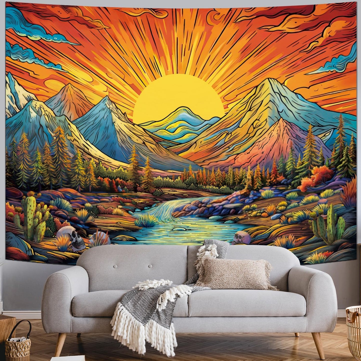 Serborlur Boho Sun Mountain Tapestry Trippy Forest Tree Tapestry Vintage Aesthetic Magic River Tapestries Nature Landscape Wall Hanging for Bedroom Home Decor (51.2"×59.1")