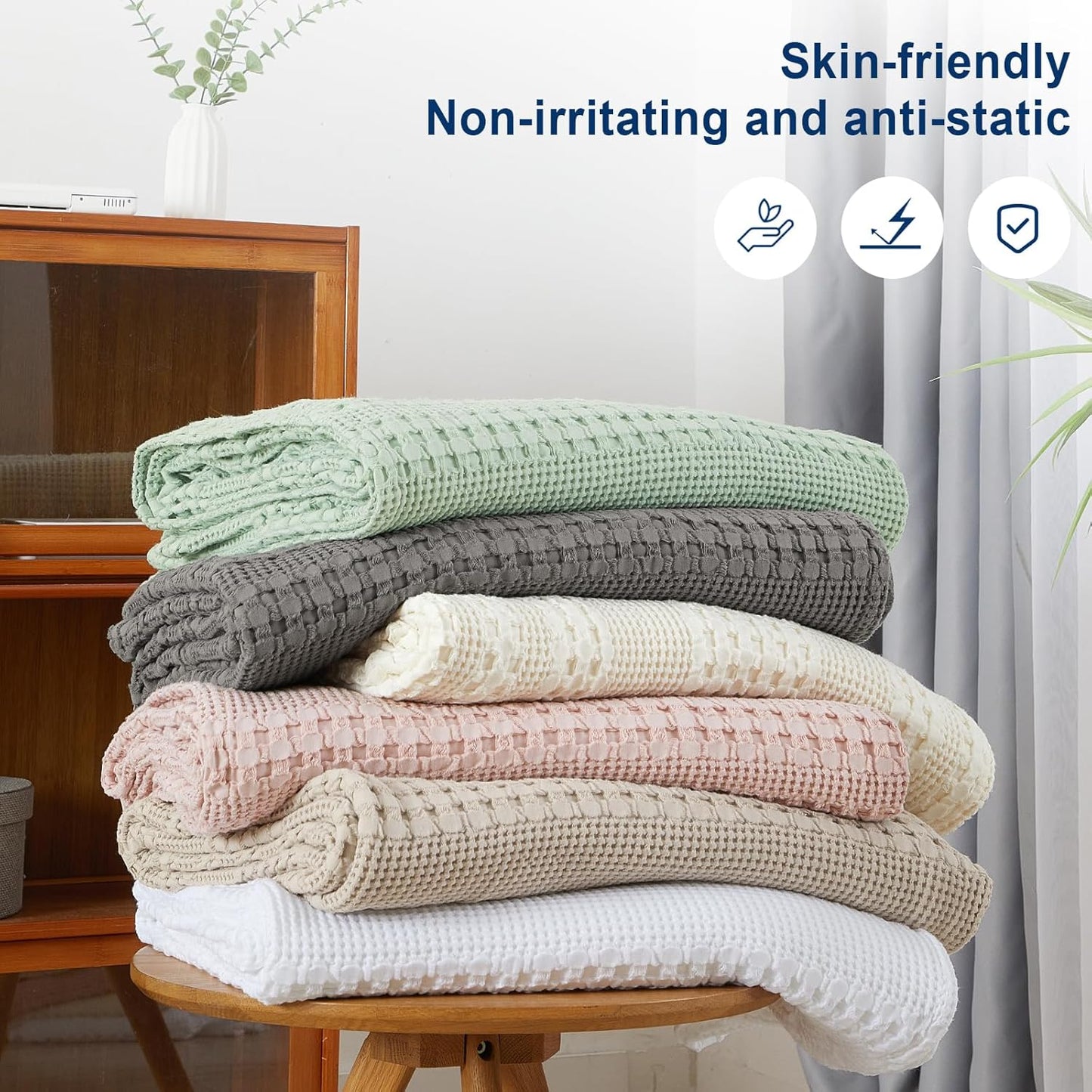 PHF 100% Cotton Waffle Weave Blanket King Size, Soft Lightweight Breathable Cozy Summer Blankets for Bed, Luxury Aesthetic Woven Bedding for Home Decor, 108"x90", White