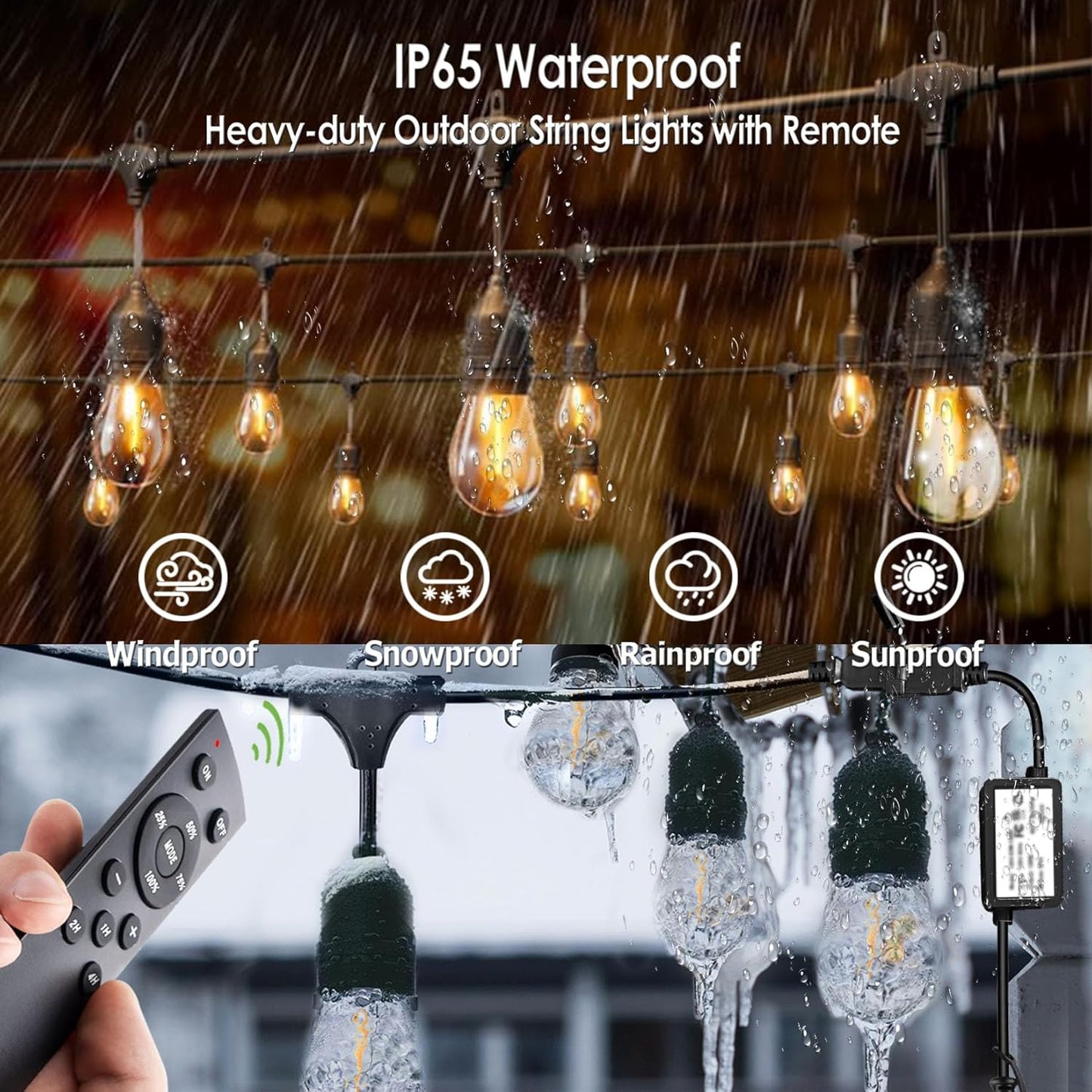 1-Pack 150 ft Outdoor String Lights with Remote Patio Lights Weatherproof, 45+3 Spare S14 Shatterproof Warm 2200K Bulbs, 3 Lighting Modes&Dimmable&Timer