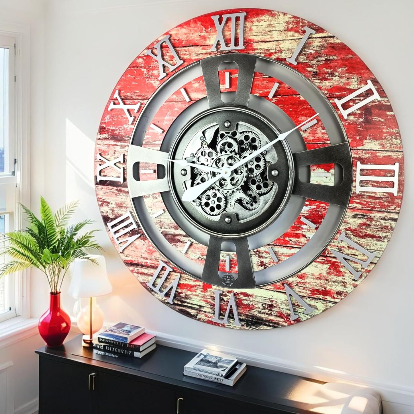 The Gears Clock Real Moving Gear Wall Clock England Line (Red Lava, 36 inches (90 cm))