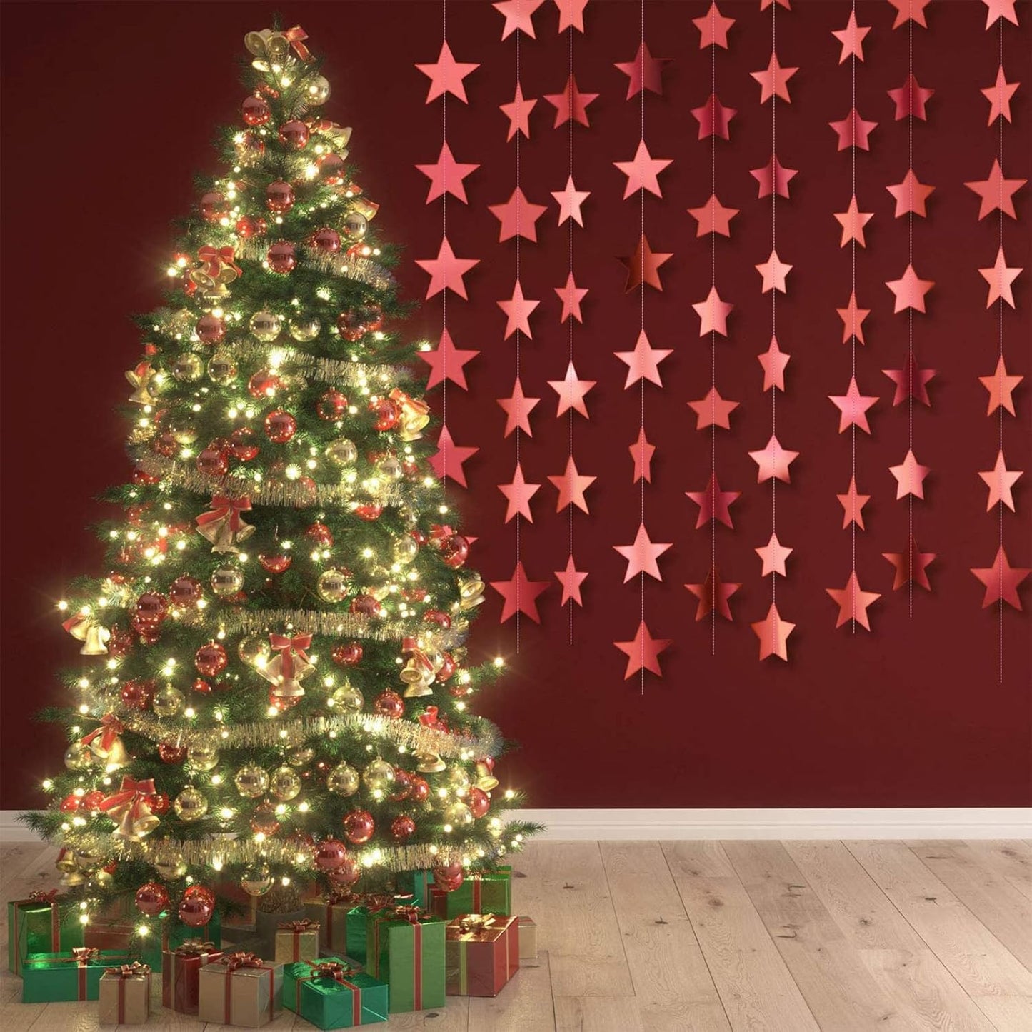 Patelai Glitter Star Garland Banner Decor, 130 Feet Star Hanging Bunting Banner Bright Backdrop for 2025 Graduation Prom Wedding Birthday Christmas Party Supplies(Glitter Rose Gold)