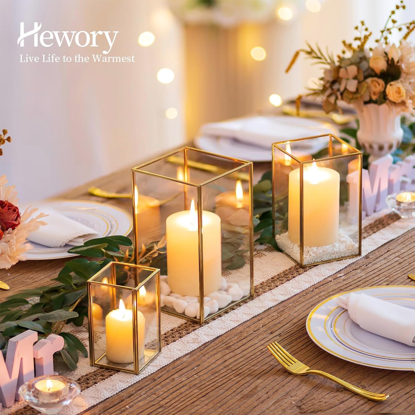 Glass Hurricane Candle Holder Large - Hewory 3pcs Gold Rectangle Flower Holders Centerpiece for Table, Tall Floor Square Pillar Candle Lantern for Wedding, Anniversary, Party, Fireplace, Dining Room