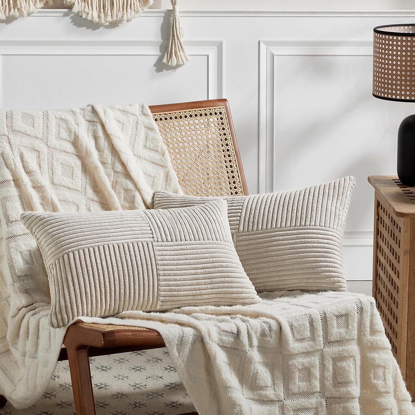 Fancy Homi 2 Packs Neutral Taupe Lumbar Decorative Throw Pillow Covers 14x24 Inch for Living Room Couch Bed Sofa, Farmhouse Home Decor, Soft Striped Corduroy Rectangle Accent Cushion Case 35x60 cm