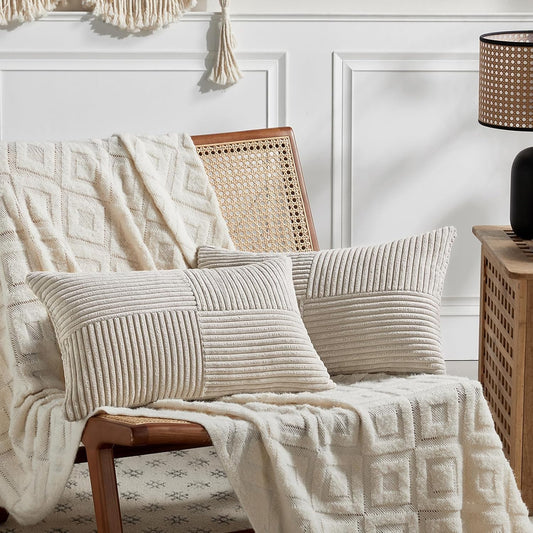 Fancy Homi 2 Packs Neutral Taupe Lumbar Decorative Throw Pillow Covers 12x20 Inch for Living Room Couch Bed Sofa, Farmhouse Home Decor, Soft Striped Corduroy Rectangle Accent Cushion Case 30x50 cm