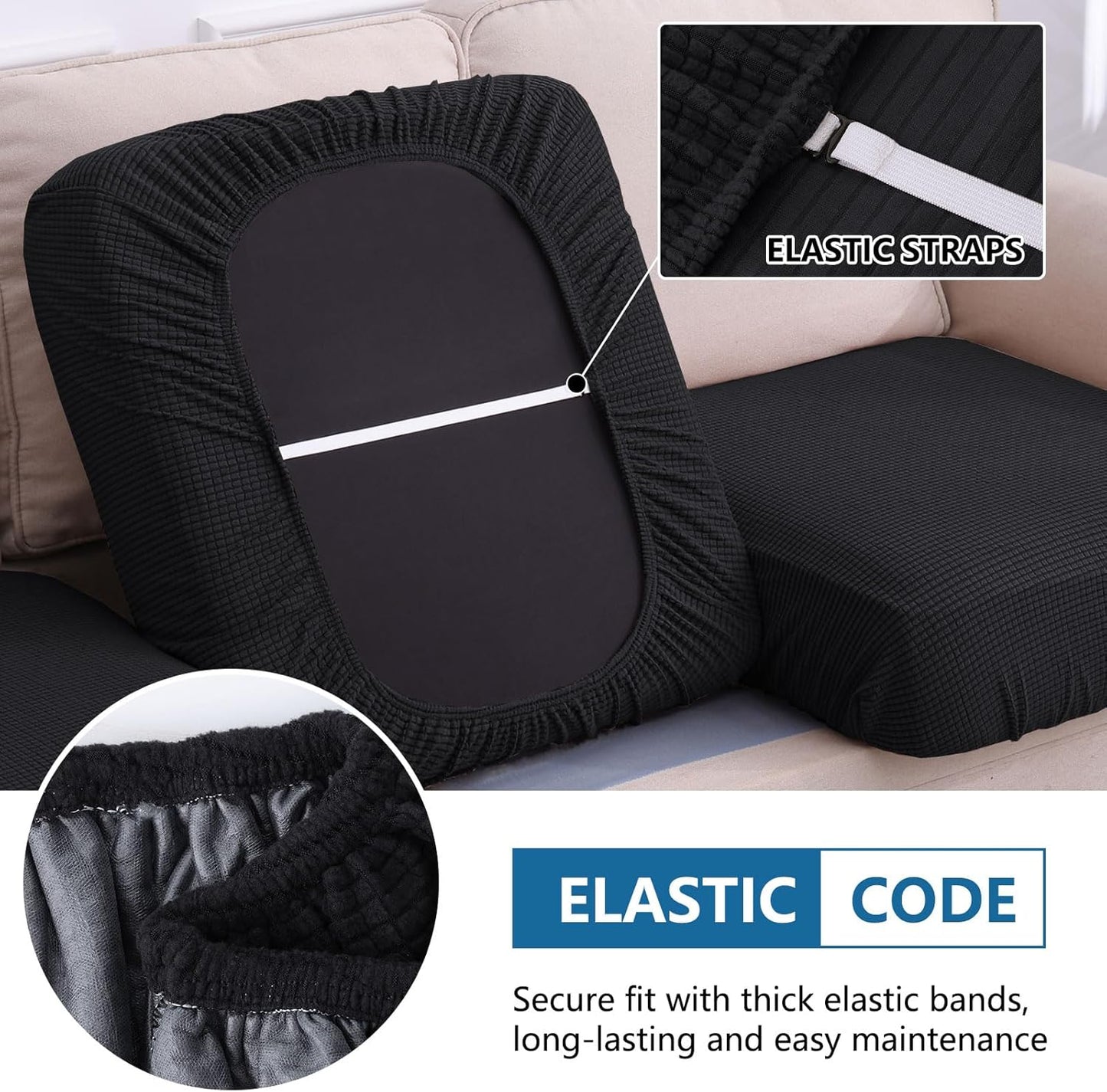 hyha Waterproof Couch Cushion Covers for Pets, Non Slip Sofa Seat Cover for Dogs Washable, Soft Thick Stretch Jacquard Fabric, Sofa Slipcovers with Elastic Bottom (1 Piece for Backrest M, Black)
