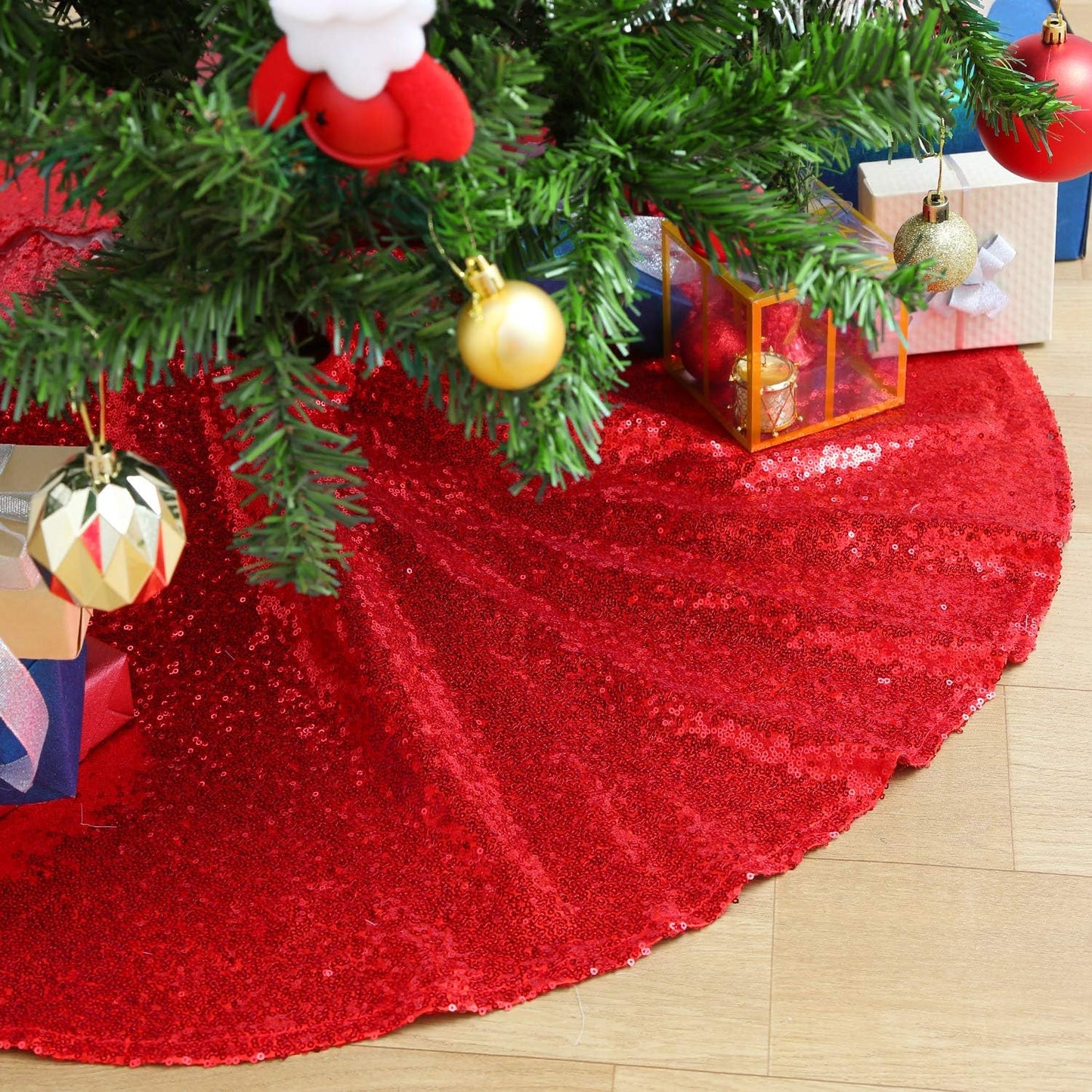 Red Tree Skirt 24 inches Small Christmas Tree Skirt Glitter Sequin Tree Skirt for Christmas Decorations