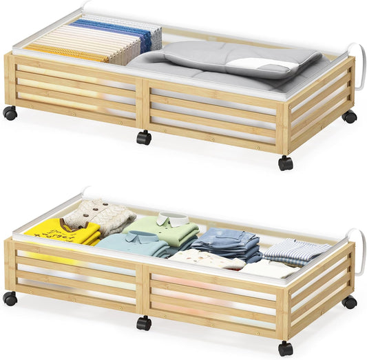 Under Bed Storage Containers With Wheels - 2 Pcs Large Bamboo Wood Rolling Underbed Shoe Storage Bins With Dust Bags for Clothes Blankets, Duvet Covers Snacks Toys (Natural)