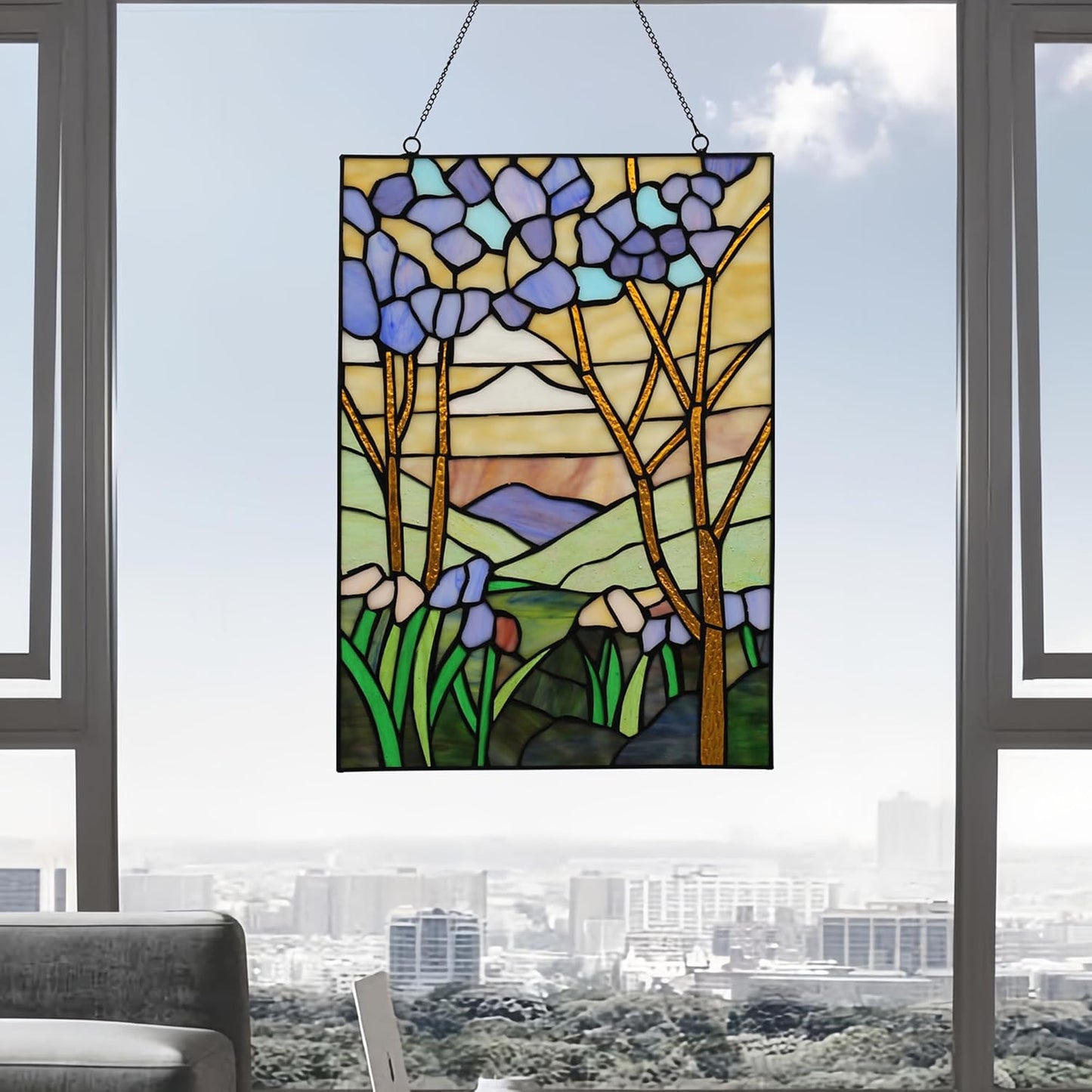 YOURANJU Stained Glass Window Hanging 16" H x 11" W Tiffany Style Rectangular Window Panel Suitable for Living Room Bedroom Kitchen Window Decoration Hangings with Chain (Sunset)