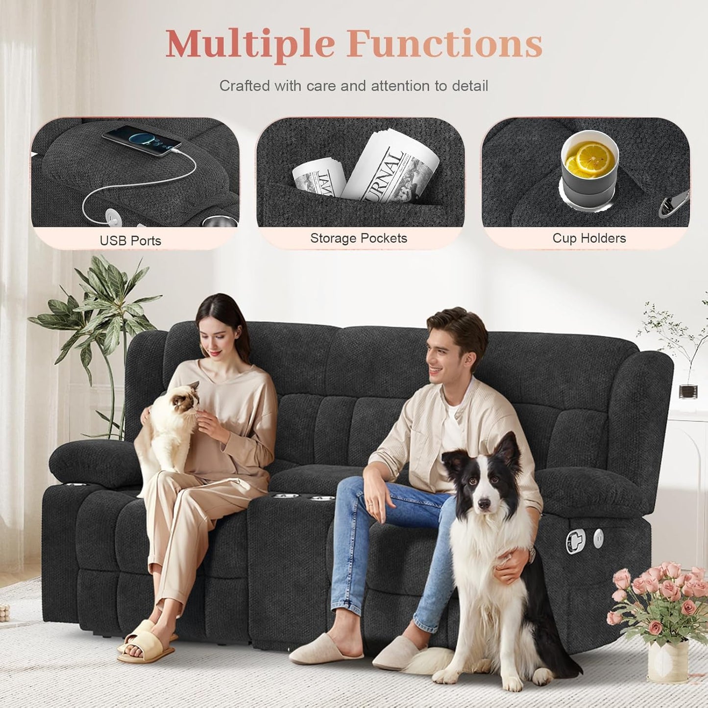 Loveseat Recliner Sofa, 2 Seater Curved Sofa for Living Room, Fabric Manual Pull Tab Reclining Loveseat with Storage Console, Recliner Loveseat Couches with USB Charge Ports, Cup Holders, Grey