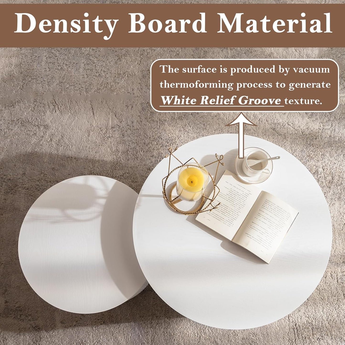 Round Nesting Coffee Table White Round Fluted Coffee Table Set of 2 for Living Room Small Circle Drum Coffee Tables Crescent End Table (White A 27in)