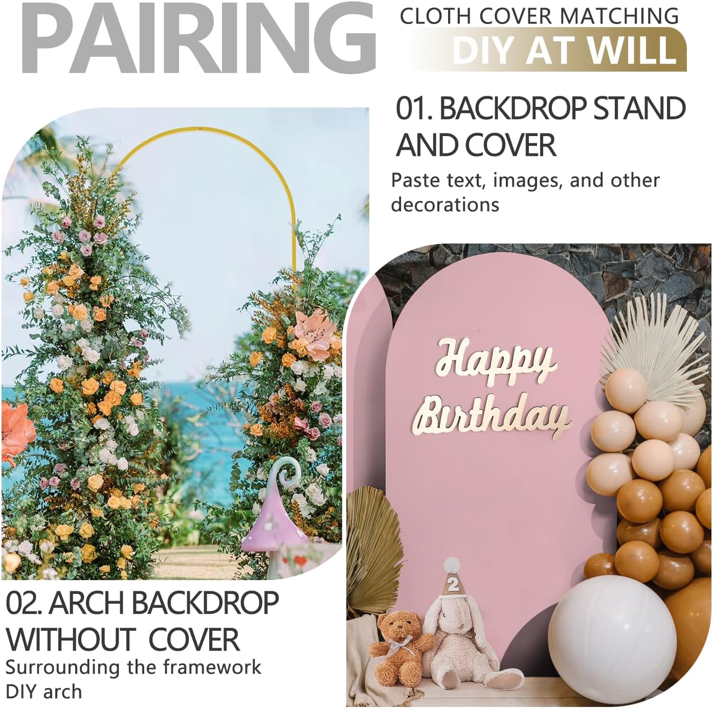 Arch Backdrop Stand and Cover Set, 2 Metal Balloon Arch Backdrop 7.2ft 6ft, Gold Arched Stand Frame for Wedding, Parties,Birthday, Backdrop Decorations (Pale Pink,7.2ft+6ft)