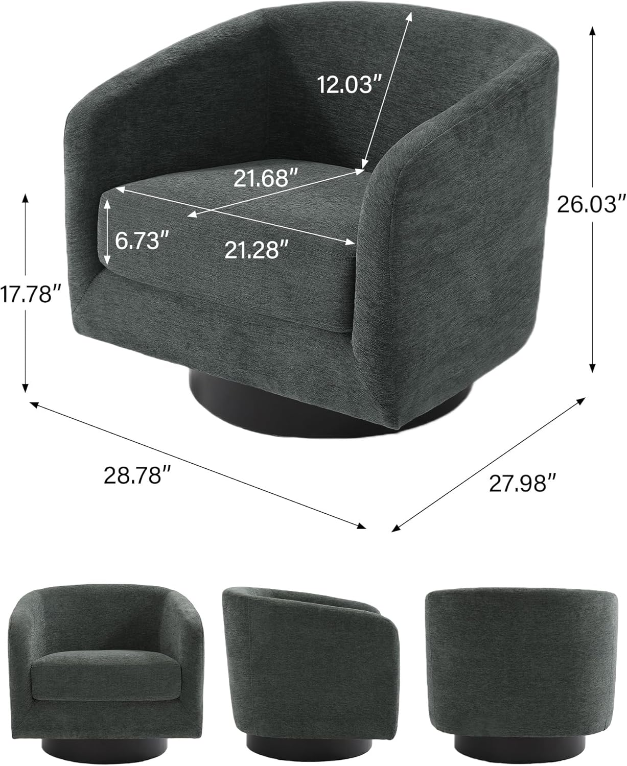 Swivel Barrel Accent Chair, Modern Round Chenille Fabric Arm Chair for Living Room, Bedroom, Comfy Club Reading Chairs for Adults（Chenille Fabric, Grey, Set of 1