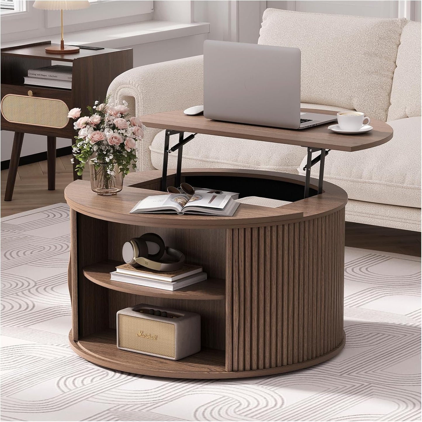 Round Coffee Table with Lifting Top,31.5”Mid Century Modern Lift Top Coffee Table with Hidden Compartment,Fluted Small Center Table for Living Room,Walnut