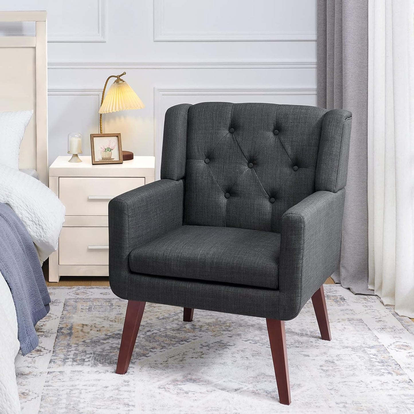 Accent Chair Button-Tufted Upholstered Living Room Chairs Comfy Reading Chair Mid Century Modern Chair with Linen Fabric Lounge Arm Chairs for Living Room Bedroom (Grey Set of 2)