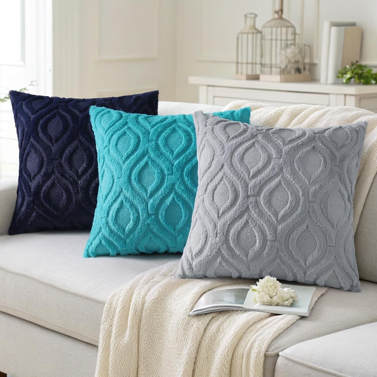 decorUhome Fall Throw Pillow Covers 22x22 Inch Set of 2, Soft Plush Decorative Faux Fur Blue Grey Solid Couch Pillow Covers, Accent Farmhouse Neutral Square Euro Pillow Cases for Sofa Bed Living Room