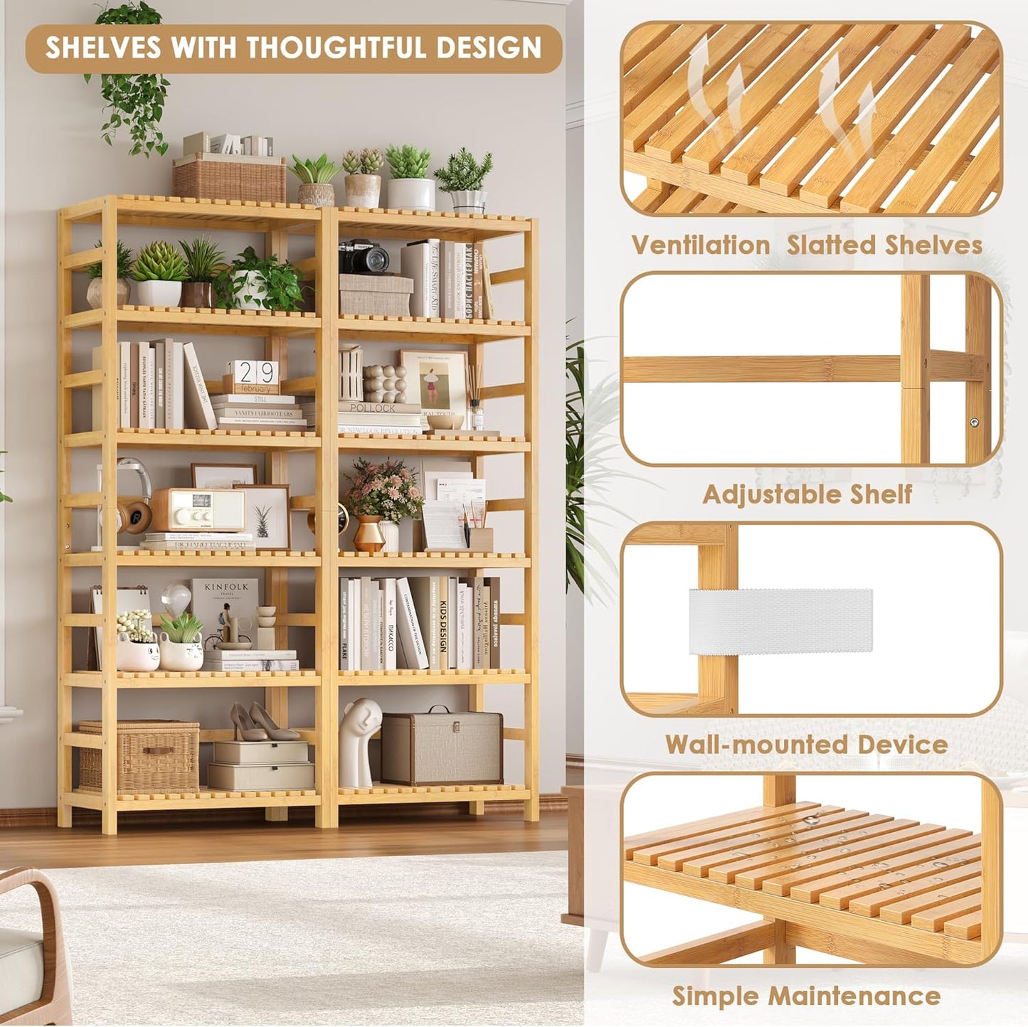 FOTOSOK 6-Tier Bamboo Shelf Set of 2, Bamboo Bookcase with Adjustable Shelves, Free Standing Storage Shelf Unit and Plant Flower Stand, Tall Large Bookshelf for Kitchen, Bathroom, Home Office, Natural