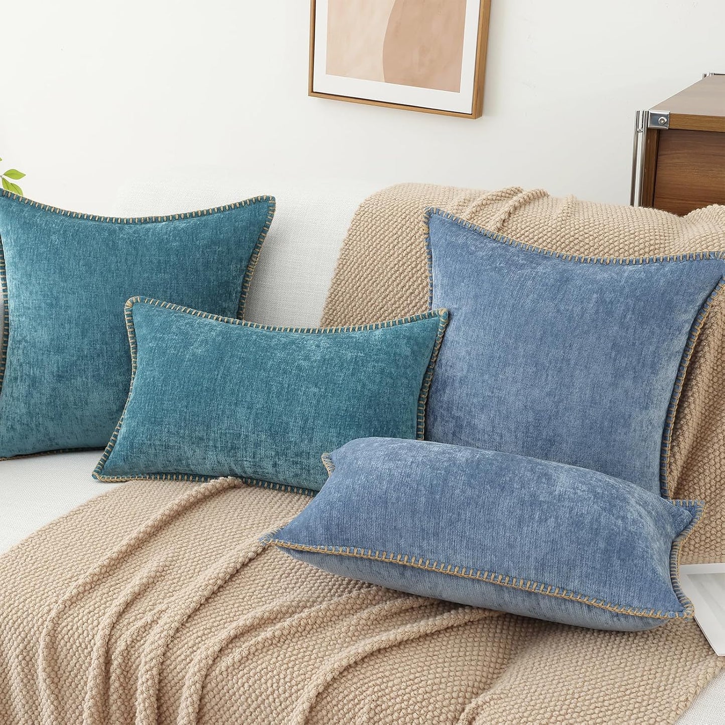 decorUhome Chenille Soft Throw Pillow Covers 26x26 Set of 2, Farmhouse Velvet Neutral Decorative Euro Pillow Covers with Stitched Edge for Couch Sofa Bed Home Decor, Blue