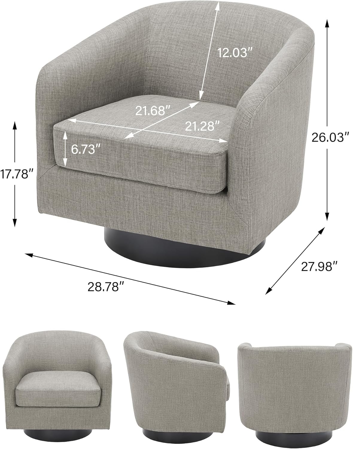 Swivel Barrel Accent Chair, Modern Round Linen Arm Chair for Living Room, Bedroom, Comfy Club Reading Chairs for Adults（Linen Fabric, Khaki, Set of 1