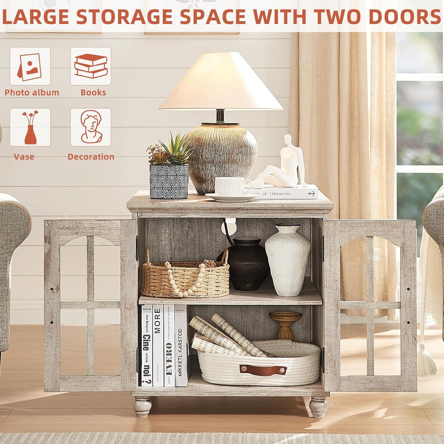 Farmhouse End Table with Charging Station,24" Large Sofa Side Table with Glass Barn Door,Rustic Wood Night Stand with Adjustable Storage Shelf,Square Bedside Table for Living Room,Bedroom Office