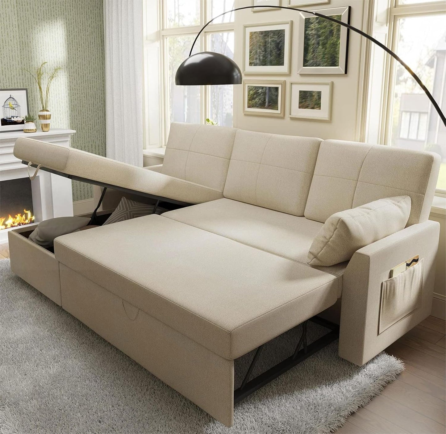 VanAcc Sleeper Sofa, Sofa Bed- 2 in 1 Pull Out Couch Bed with Storage Chaise for Living Room, Comfy Sleeper Couch, Beige Chenille