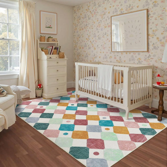 jinchan Area Rug 5x7 Kids Washable Indoor Floor Cover Non-Slip Modern Soft Rug Elementary School Classroom Colorful Diamond Carpet for Nursery Playroom Daycare Bedroom Living Room Confetti on Cream
