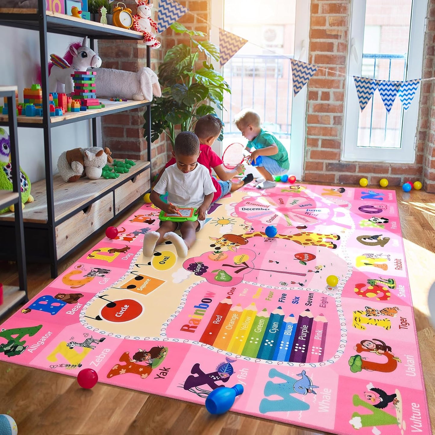 Kids Rugs for Playroom Bedroom Classroom Nursery, Non-Slip and Washable Rugs for Children Toddlers Girls, Educational and Fun Rug Carpets with ABC Alphabet Animals Shapes, 7x10, Pink