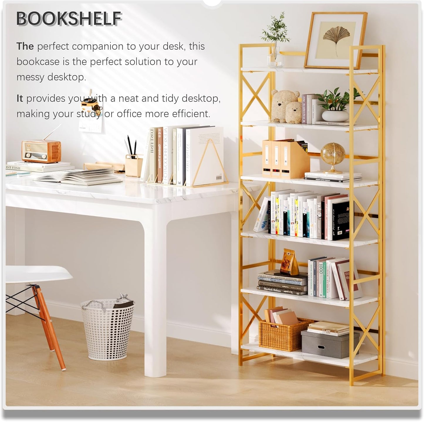 4NM 6 Tiers No Assembly Book Shelves, 61.8" H Folding Bookshelf Bookcase Open Industrial Foldable Shelves for Bedroom, Living Room, Home Office - White Gold