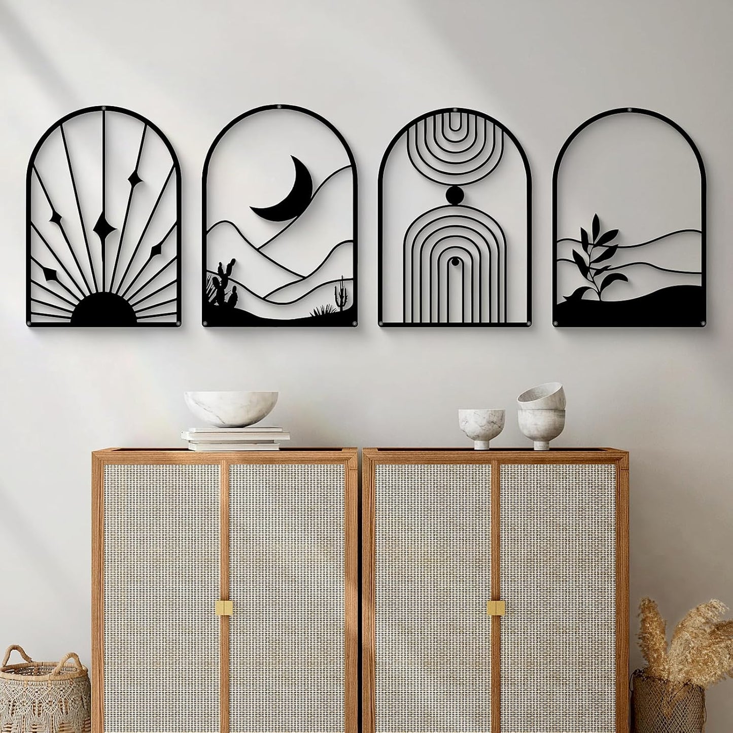 Glamativity 4 Pack Black Abstract Metal Wall Art, Minimalist Décor Single Line Art Wall Décor, 3D Textured Metal Wall Sculptures, for Living Room Bedroom Bathroom Study Room (Black Boho, M Size 17 x 12'')